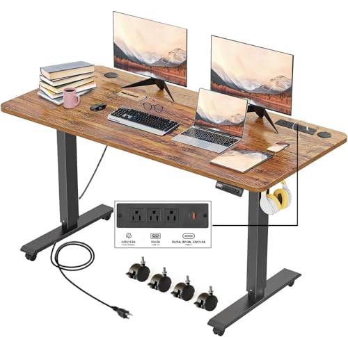 55''×24'' Electric Standing Desk with Power Outlets & Wheels, Brown - color: Brown, size: 55×24''