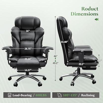 DurayLoly Big and Tall Office Chair with Footrest, 400 lbs Weight Capacity | 135° Rocking Motion, Ergonomic Lumbar Support, PU Leather for All-Day Home Office Comfort, Black - color: Black