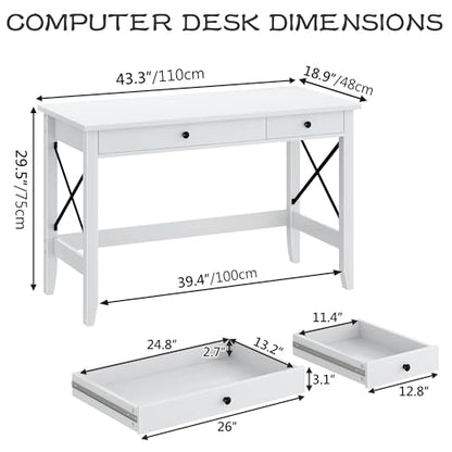 JSB 43.3 Inch White Computer Desk with 2 Drawers for Home Office Bedroom - color: White, size: 43.3 inch