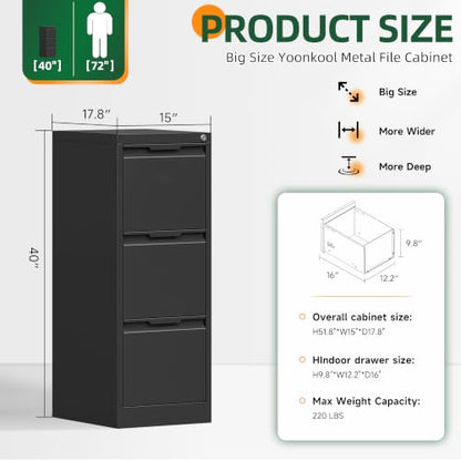 3 Drawer File Cabinet with Lock, Filing Cabinets for Home Office - color: Black, size: 3 Drawer - Vertical