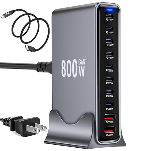800W USB C Charger Block, Multi-port Fast USB Charging Station Dual PD 140W GaN Ⅲ Charging Station For Multiple Devices, Laptop Charger Adapter Compatible with MacBook, DELL, iPad, iPhone, Samsung etc - color: Black-800W