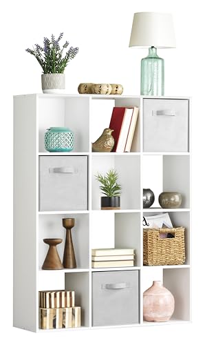 Whitmor 12 Cube Storage Organizer, 4 Tier Stackable Mdf Wood Bookcase, Open Storage Display Bookshelf, Storage Cabinet for Living Room, Bedroom, Home, Office, 35.1"L x 11.6"W x 47.5"H, White - color: White, size: 12 Cube, 4 Tier
