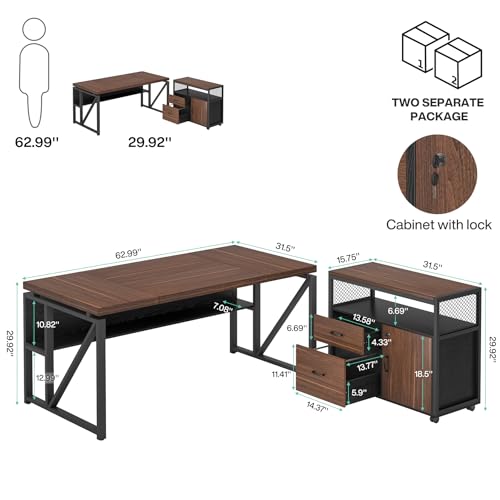 Tribesigns Office Desk with Drawers Sets, 63 inches L Shaped Computer Desk with Mobile File Cabinet,Big Executive Desk for Home Office Furniture Sets (Dark Brown, 63-inch) - color: Dark Brown