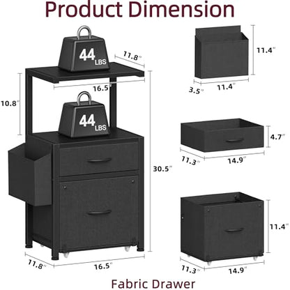 HIGDBFE File Cabinet with 2 Fabric Drawers & Dual Shelves, Black | 2-Tier Printer Storage, Letter File Drawer, Reversible Side Bag, Smooth Drawer Slides, Rolling Support Board Prevent Collapse - color: Black