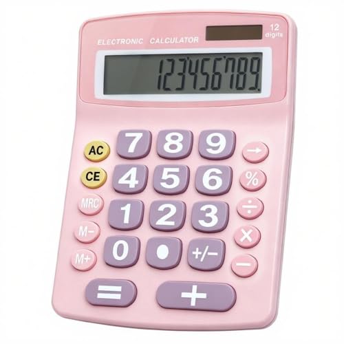 Lily' Home Jumbo 12 Digit with Solar Power, Large LCD Display - Desktop Calculator, Dual Power, Large Button Design, Battery Operation, Easy-to-Read Tilted, for Home, Office, School & Business - Pink - size: 1PK-Pink