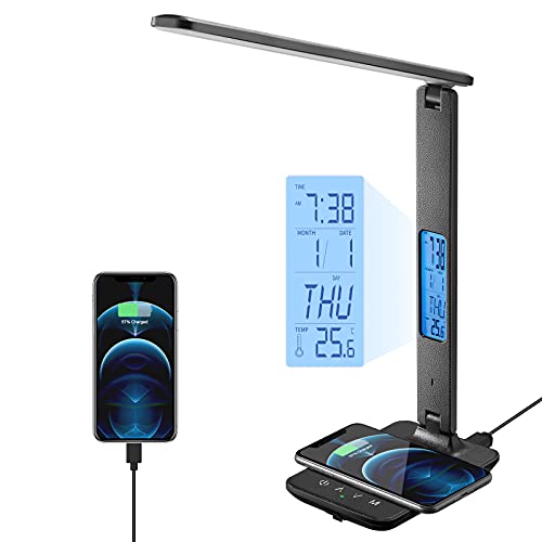LED Desk Lamp with Wireless Charger, USB Charging Port, Table Lamp with Clock, Alarm, Date, Temperature, Desk Lamps for Home Office,Black - color: Black