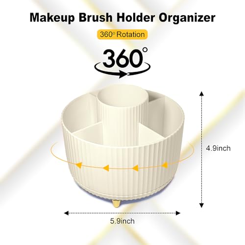 WILL OAK Makeup Brush Organiser - Large Compartment Cosmetic Organizer -Eyeliner, Nail Polish, Art Supply, Bathroom Vanity Desktop Organizer (Cream) - color: Cream