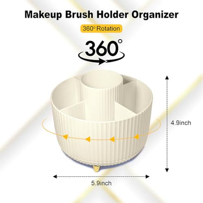 WILL OAK Makeup Brush Organiser - Large Compartment Cosmetic Organizer -Eyeliner, Nail Polish, Art Supply, Bathroom Vanity Desktop Organizer (Cream) - color: Cream