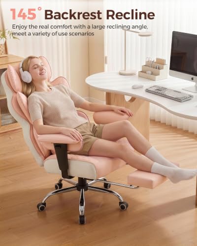 COMHOMA Big and Tall Office Chair Heavy Duty Gaming Chair with Deluxe Embossing Leather High Back Wider Ergonomic Computer Chair with Foot Rest 145°Reclining Pocket Spring Lumbar Support - color: Rose Pink