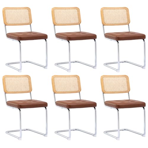 KCC Modern Dining Chairs Set of 6, Faux Leather Rattan Chair,Brown | Mid Century Kitchen Side Chairs with Metal Legs and Upholstered Seat for Dining Room,Living Room,Bedroom - color: Brown, size: Set of 6