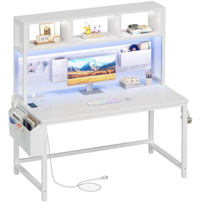 White Gaming Desk with Hutch and Pegboard - Computer Desk with Hutch, Power Outlet, 47 Inch Art Desk with Storage, Hooks, RGB and Side Bag, Writing Modern Study Teen Desks for Girl Bedroom Home Office - color: White