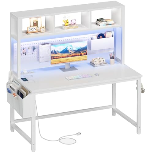 White Gaming Desk with Hutch and Pegboard - Computer Desk with Hutch, Power Outlet, 47 Inch Art Desk with Storage, Hooks, RGB and Side Bag, Writing Modern Study Teen Desks for Girl Bedroom Home Office - color: White