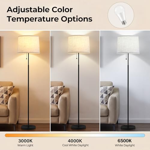 Floor Lamps for Living Room & Bedroom, 60" Modern Tall Standing Lamp, 3CCT | Lamps for Office, Classroom, Bedside, Linen Lampshade, Pull Chain Switch, Modern Design, Anti-glare Lighting, Easy Assembly - color: Linen T-Shades+Black Pole