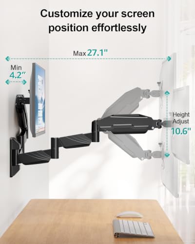 Long Arm Dual Monitor Wall Mount for 17-32" | 27.1" Extra Long Monitor Mount Holds up to 17.6 lbs Each Gas Spring Wall Monitor Arm Full Motion VESA Mount, 75/100, Black - size: Dual Wall Mount