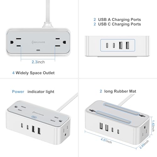 REALMADE 10 FT Flat Plug Extension Cord, 4 AC Outlets 4 USB Surge Protector Power Strip, 950 Joules Protection, Wall Mount Desk Charging for Home Office, White & Gray - size: 10FT