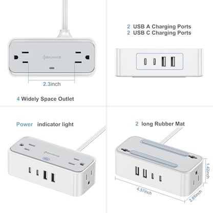 Surge Protector Power Strip, REALMADE 4 AC 4 USB Power Strip, Flat Plug Outlet Extender, 5Ft Extension Cord, Wall Mount Desk Charging for Home Office， Gray & White - size: 5FT