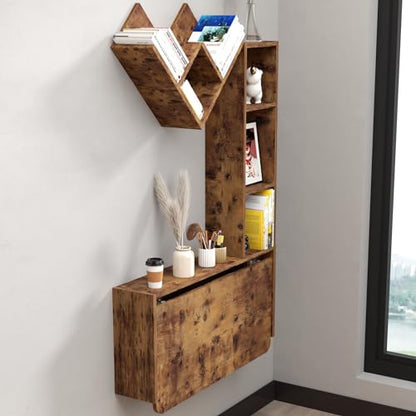 Folding Wall Mounted Drop Leaf Table, Foldable Desk with Moveable Cabinets, Floating Laptop with Convertible Storage Shelves, Multifunctional Computer Workstation in Home for Space Saving - color: Rustic Brown