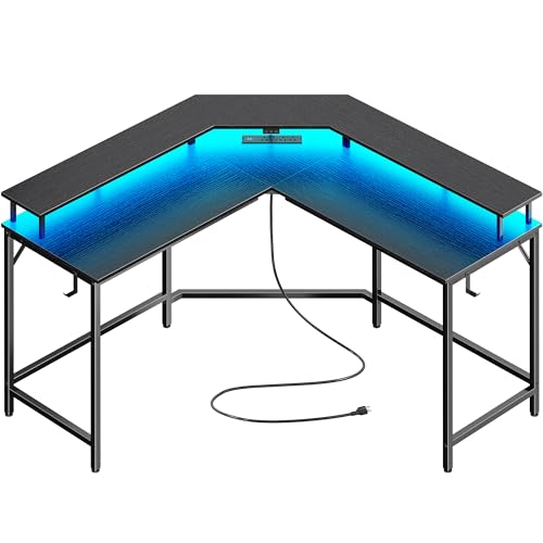 Huuger L Shaped Gaming Desk with Power Outlets & LED Lights, Computer Desk with Monitor Shelves, Home Office Desk, Corner Gaming Desk with Hooks, Black - color: Black