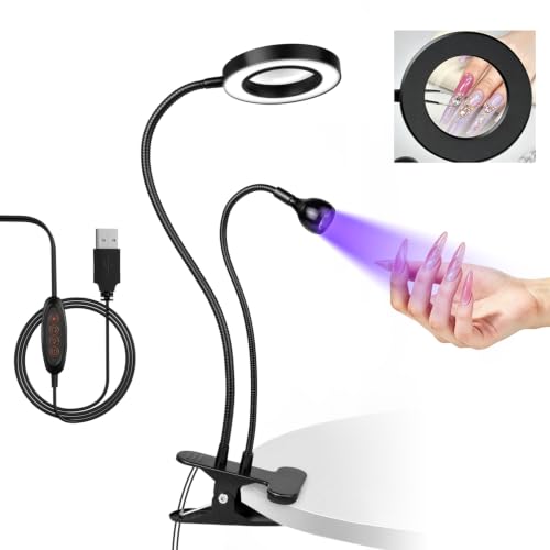 Mlogiroa UV LED Nail Lamp with 6X Magnifier Dual Head Nail Dryer for DIY | 3 Color Temps 4 Brightness, Flexible Gooseneck, USB powered for Gel Curing Repair Reading Hobby, Home Salon