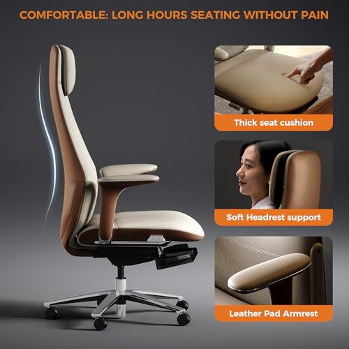 TOMU Executive Office Chair with Foot Rest, Top Grain Genuine Leather Office Chair, Ergonomic High Back Design. Real Leather, Wheels, Alumium Base. Padded Armrest, Luxury and Comfy (Beige) - color: Beige
