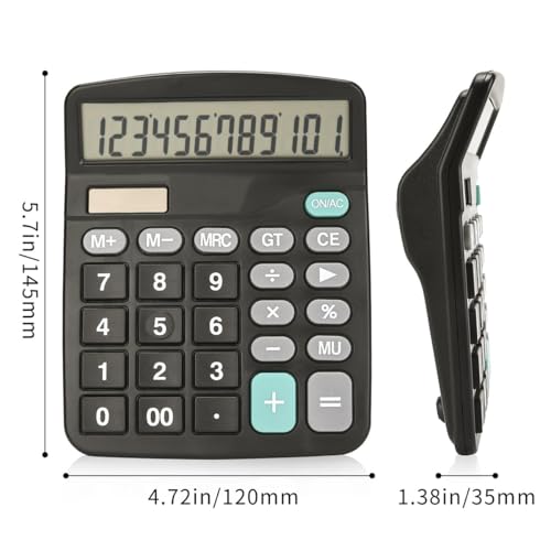 12 Digits Desktop Calculator with Large LCD Display and Sensitive Button, Dual Solar Power and Battery, Standard Function for Office, Home, School, Black