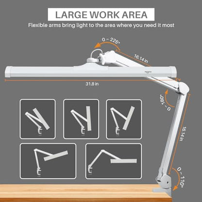 32-Inch LED Architect Desk Lamp with Clamp, 50W 4500LM, White CCT | 684 SMD LEDs deliver flicker-free lighting with 5 color modes, 5 brightness levels, and reinforced dual metal arms - color: White