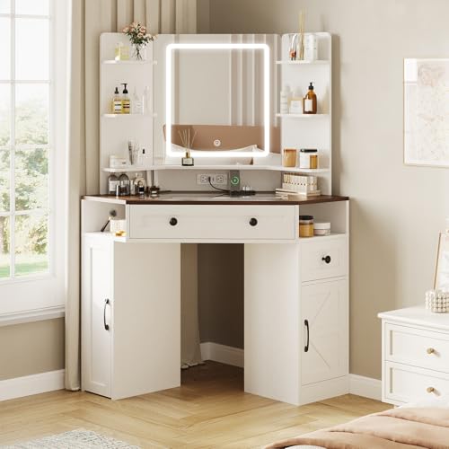 Vabches Corner Vanity with Mirror & Lights, Glass Top Makeup Vanity Desk
