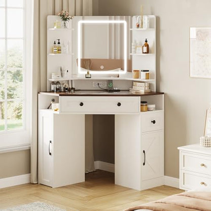 Vabches Corner Vanity with Mirror & Lights, Glass Top Makeup Vanity Desk