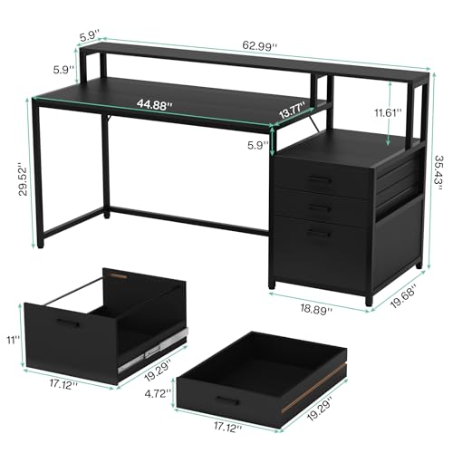 Tribesigns 63 Inch Computer Desk with File Drawer Cabinet, Home Office Desk - color: Black