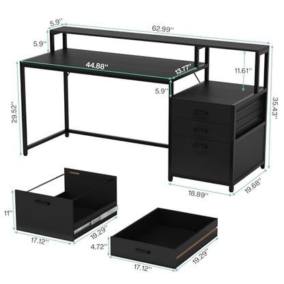 Tribesigns 63 Inch Computer Desk with File Drawer Cabinet, Home Office Desk - color: Black