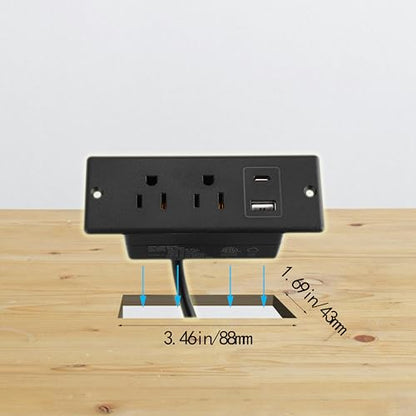 Recessed Power Strip with USB-C and USB-A, 2 AC Outlets, in-Desk Flush Mount Power Strip, 125V 12A 1500W, for Desk Countertop Kitchen Island (Black, 4.9FT) - size: 4.9FT, style: 12W