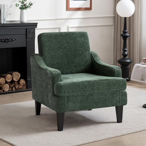 Set of 2 Accent Chair for Living Room,Mid-Century Arm Chair Chenille Fabric Living Room Chairs,Upholstered Reading Chair for Bedroom,Single Sofa Chair with Wood Legs for Apartment (Green) - color: Green