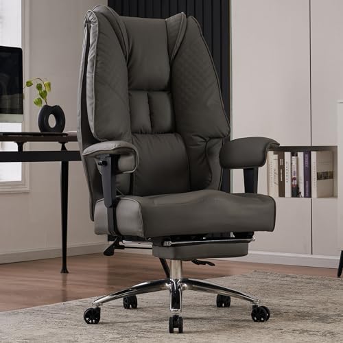 EXCEBET Big and Tall Office Chair 400lbs Wide Seat, Leather High Back Executive Office Chair with Foot Rest, Ergonomic Chairs Lumbar Support for Lower Back Pain Relief (Grey) - color: Charcoal Grey
