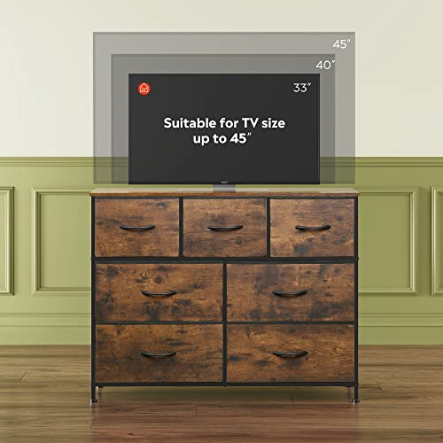 WLIVE 7 Drawer Dresser TV Stand, Entertainment Center, Media Console Table with Metal Frame and Wood Top for TV up to 45 inch, Chest of Drawers for Bedroom, Living Room, Rustic Brown Wood Grain Print - color: Rustic Brown Wood Grain Print
