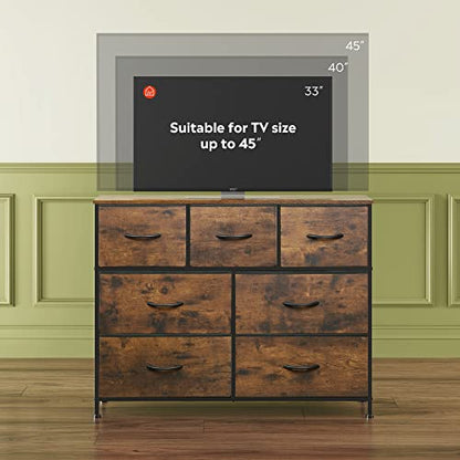 WLIVE 7 Drawer Dresser TV Stand, Entertainment Center, Media Console Table with Metal Frame and Wood Top for TV up to 45 inch, Chest of Drawers for Bedroom, Living Room, Rustic Brown Wood Grain Print - color: Rustic Brown Wood Grain Print
