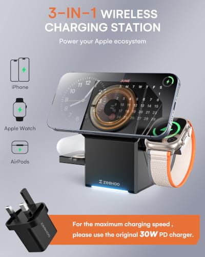 ZEEHOO 3 in 1 Charging Station, iPhone Charging Station for Apple MagSafe Charger, 15W Fast Wireless Charger, for Apple Watch, for iPhone 17,16 15,14,13,12 Series, AirPods (Black) - color: Black