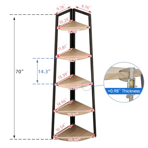 5 Tier Tall Corner Shelf,70 inch Solid Wood Rustic Corner Bookshelf Bookcase Industrial Ladder Shelf,Display Wooden Plant Stand Shelving Unit Shelf for Living Room,Kitchen,Home Office (Natural finish) - color: Natural Finish