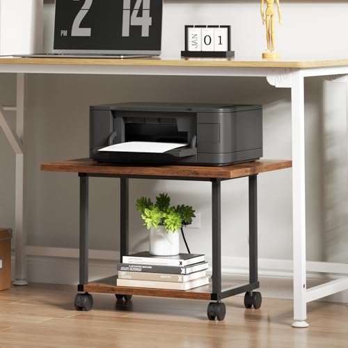 Asgolion Printer Table, 2-Tier Under Desk Printer Stand, Printer Cart - color: Rustic Brown, size: Standard without Charger