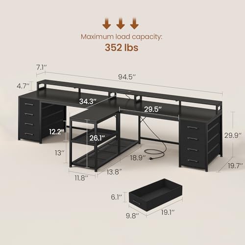 SEDETA 94.5" 2 Person Gaming Desk with 8 Drawers & Storage Shelves, Black | Double T Shaped Office Desk with LED Lights, Power Strip with USB & Monitor Stand for Home Office, Bedroom - color: Black