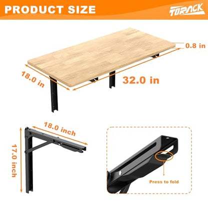 TORACK Heavy Duty Wall Mounted Folding Workbench, Collapsible Wall Table | Space Saving, Folding Wall Desk for Garage, Workshop, Holds up to 550 lbs, Size: 32 x 18 in - size: 32x18 inch