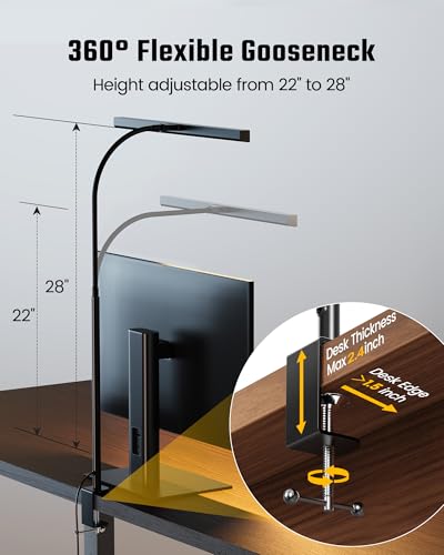 SUPERDANNY LED Desk Lamp for Office Home, Eye-Caring Desk Light with Adjustable Gooseneck, 12W Touch Control Dimmable Brightness, Architect Clamp Lamp with USB Adapter for Reading Study Workbench | Black, Touch Control Dimmable Brightness, 3000K-6000K, 36
