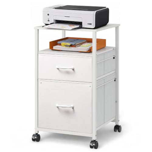 DEVAISE 2 Drawer Fabric Vertical Filing Cabinet, Rolling Printer Stand, White - color: White