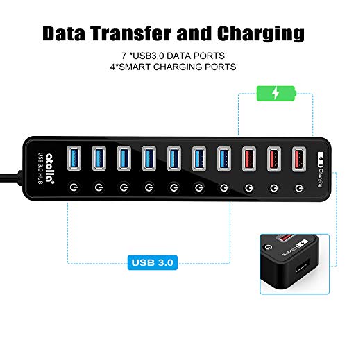 Powered USB 3.0 Hub, atolla 11 Ports, 7 USB 3.0 Data Ports+4 Charging Port