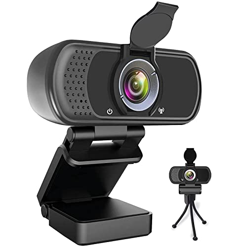 1080P Webcam with Mic Privacy Cover Tripod Stand 110 FOV PC | 1080P webcam with built-in microphone, privacy cover, tripod stand, 110 degree wide angle, USB plug and play for PC laptop - color: BLACK