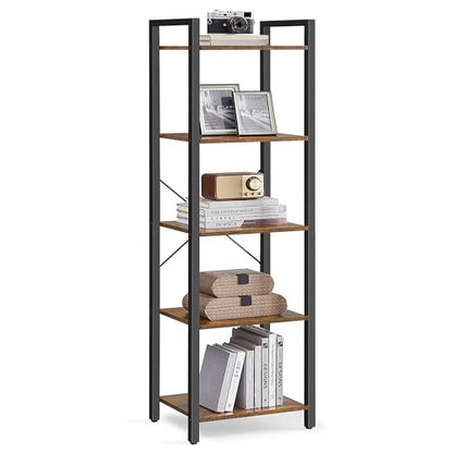 VASAGLE 5-Tier Bookshelf, Bookcase Book Shelf with Steel Frame, - color: Rustic Brown + Ink Black, size: 5 Tiers (11.8"D x 15.7"W x 60.2"H)