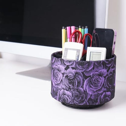 Round Leather Art Supply Organizer,Remote Control Holder,360 Degree Rotating,Multi-Functional Pencil Holder,4 Compartments Desktop Stationary Organizer(1-3D Rose Purple) - color: 1-3D Rose Purple