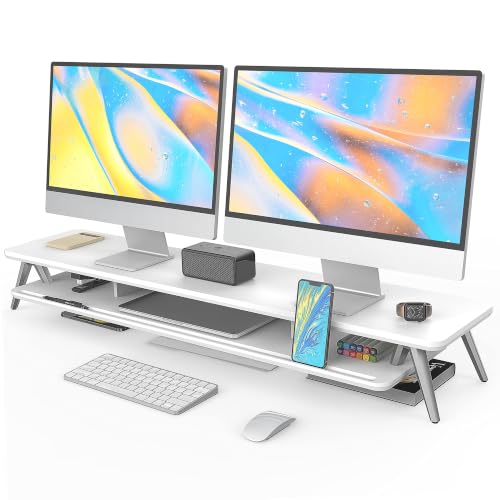 Fenge Dual Monitor Stand Riser, Wooden Desk Shelf with 2-Tier Storage - color: White, size: 42.5 Inch