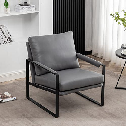 Modern Faux Leather Accent Chair, Upholstered Armchair with Metal Frame, Thick Seat Cushion and Oversized Back Pillow, Easy-Clean Lounge Chair for Living Room, Bedroom, Office and Reception - color: Dark Grey