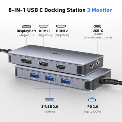 UANTIN Laptop Docking Station 3 Monitors, 8-in-1 USB C Dock with 2 HDMI, DP | USB C Docking Station Dual Monitor with 4K@60Hz HDMI, DisplayPort, USB A & C, 100W PD, USB C Hub Dongle for Dell,HP,Lenovo - size: 11.8inch