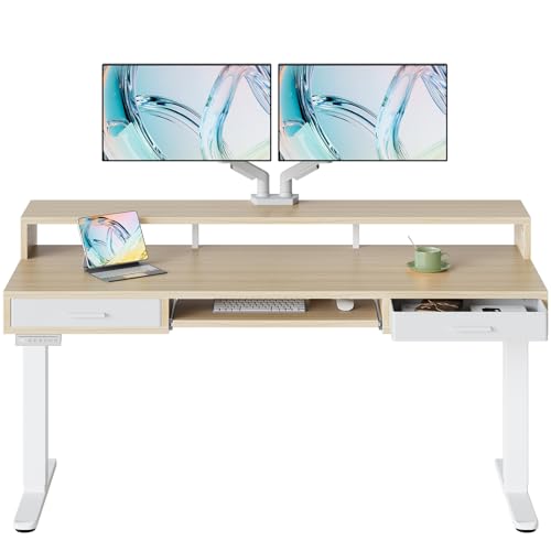 HUANUO 63″ x 26″ Electric Standing Desk with 2 Drawers &24.4″ Large Keyboard Tray, C-Clamp Mount Compatible, Adjustable Computer Desk for Office, Sit Stand Up Desk with 4 Height Presets, Light Walnut - color: Light Walnut, size: 63*26 inch